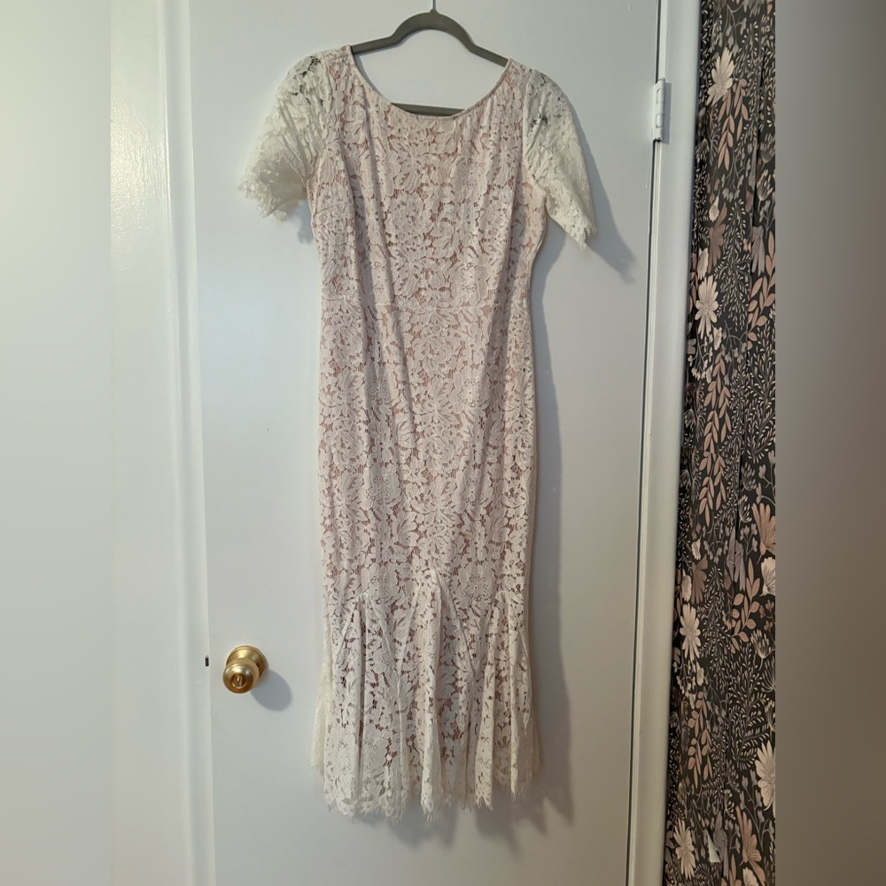 Lulu's Ivory Lace Midi Dress- trumpet for and flair